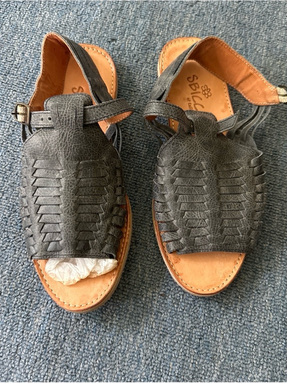 Sbicca Black Woven Leather Sandal with Tan Footbed